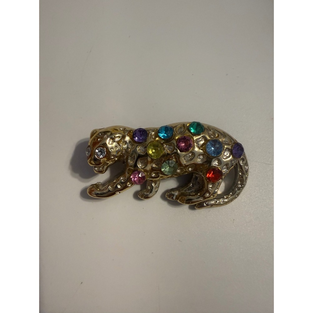 Gold Tone Multi Color Rhinestone Leopard Brooch Pin Jungle Cat Jewelry